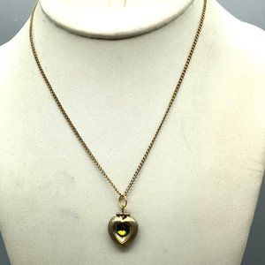 Delicate Vintage Locket Necklace with AB Crystal on Gold Tone Chain, Romance Gif